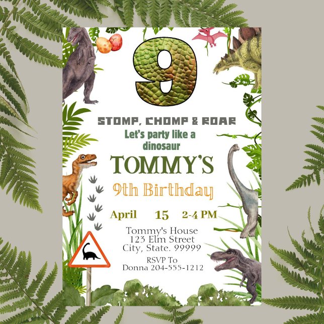 Boys Dinosaur 9th Födelsedagsfest inbjudan (Skapare uppladdad)