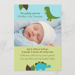 Boys Dinosaur Anpassningsbar Photo Birth Notice Meddelande