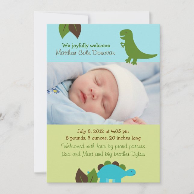 Boys Dinosaur Anpassningsbar Photo Birth Notice Meddelande (Framsida)