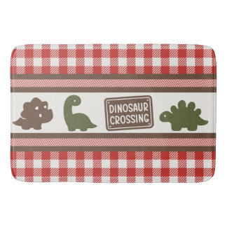 Boys Dinosaur & Gingham - Brown Army Green & Red Badrumsmatta