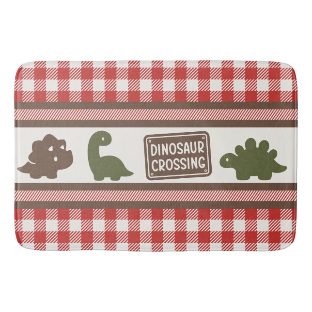 Boys Dinosaur & Gingham - Brown Army Green & Red Badrumsmatta (Framsidan)