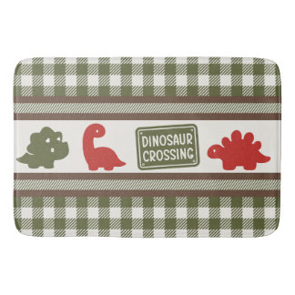 Boys Dinosaur & Gingham - Brown Red Army Green  Badrumsmatta