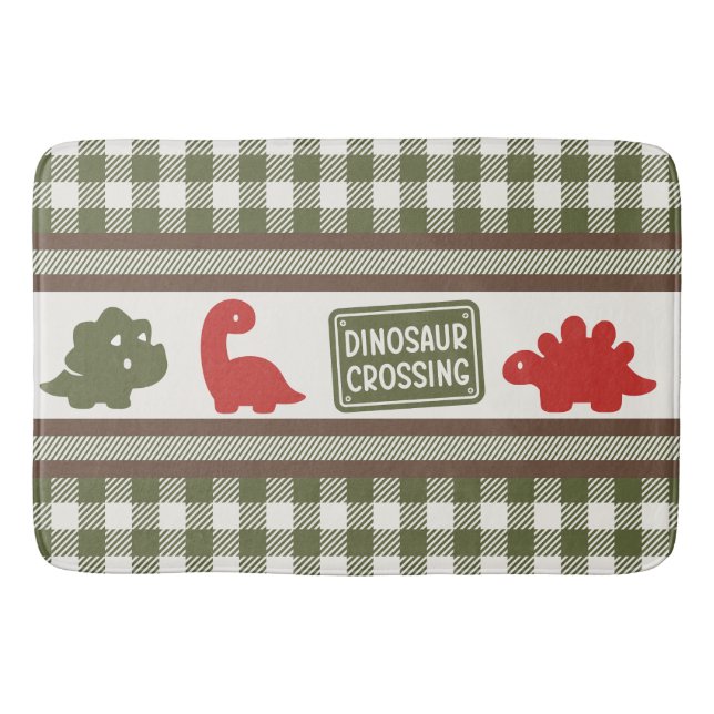 Boys Dinosaur & Gingham - Brown Red Army Green  Badrumsmatta (Framsidan)