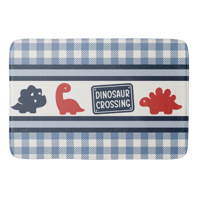 Boys Dinosaur & Gingham - Red Navy Smoke Blue Badrumsmatta (Framsidan)