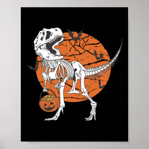Boys Dinosaur Skeleton T Rex Scary Pumpkin Måne Poster