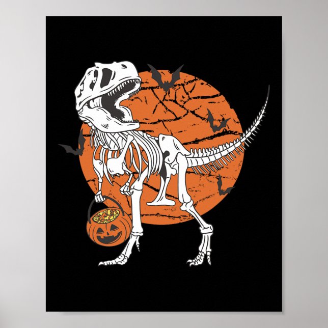 Boys Dinosaur Skeleton T Rex Scary Pumpkin Måne Poster (Framsidan)