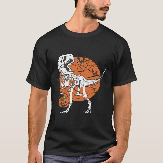 Boys Dinosaur Skeleton T Rex Scary Pumpkin Måne Shirt (Framsida)