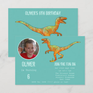 Boys Dinosaur Velociraptor 6e Födelsedagsfest Teal Inbjudningar