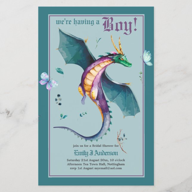 BOYS DRAGON Baby Shower Gender Reveal Invtition Flygblad (Framsidan)