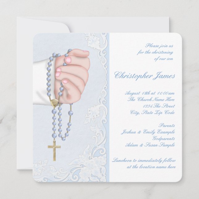 Boys Elegant Baby blue Rosary Christening Inbjudningar (Framsida)