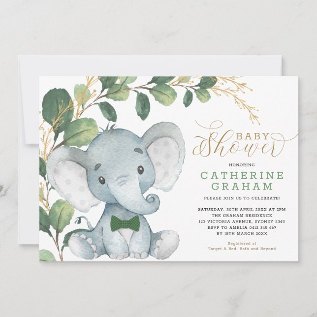 Boys Elephant Greenery Guld Garden Baby Shower Inbjudningar (Framsida)