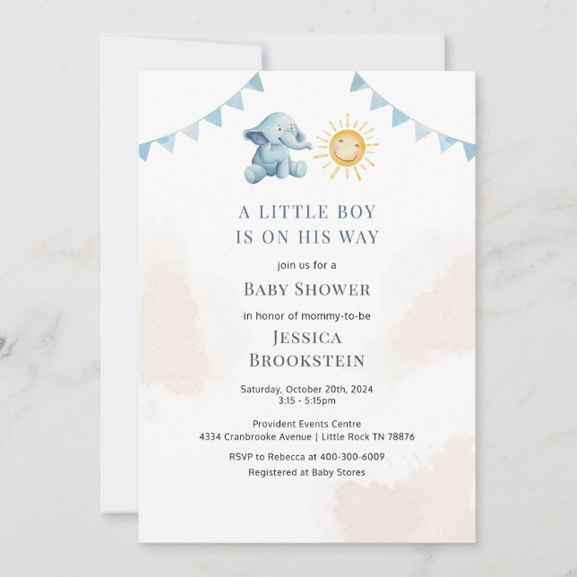 Boys Elephant Sunshine Watercolor Baby Shower Inbjudningar (Framsida)