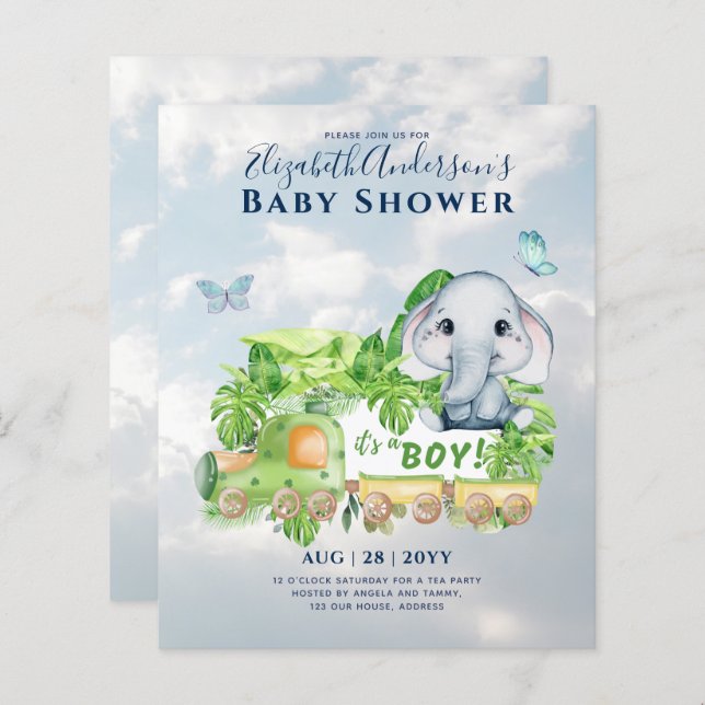 Boys Elephant Watercolor Baby Shower-inbjudan (Fram/baksida)