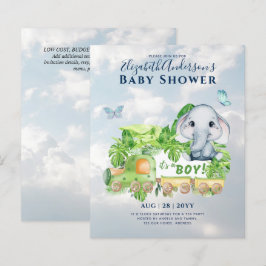 Boys Elephant Watercolor Baby Shower-inbjudan