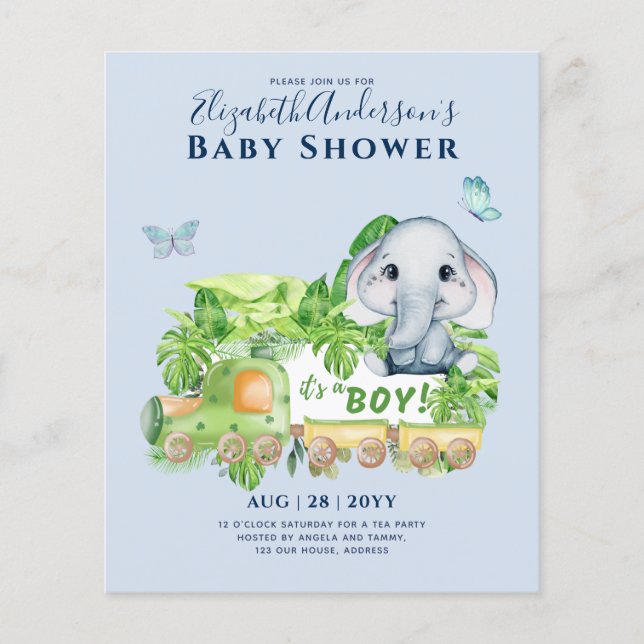 Boys Elephant Watercolor Baby Shower-inbjudan Flygblad (Framsidan)