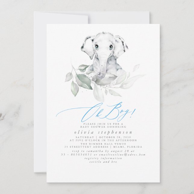 Boy's Elephant Watercolor Greenery Baby Shower Inbjudningar (Framsida)