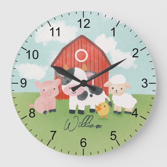 Boys Farm Animal Barnyard Kids Nursery Stor Klocka (Framsida)
