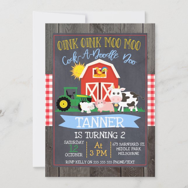 Boys Farm Barnyard Chalkboard Birthday-inbjudan Inbjudningar (Framsida)