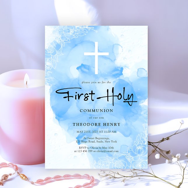 Boys First Heliga Communion Himmel Blue Watercolor Inbjudningar (Skapare uppladdad)