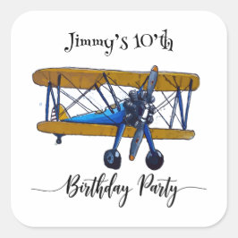 Boys-födelsedagsfest med blått och gult-biplan fyrkantigt klistermärke