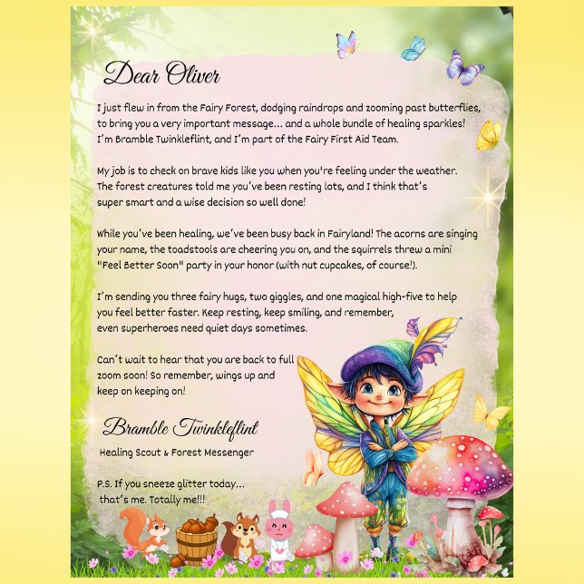 Boys Get well Snart Fairy Brev - Personlig (Boys Get Well Soon Fairy Letter – Personalized Printed Note from Bramble Twinkleflint)