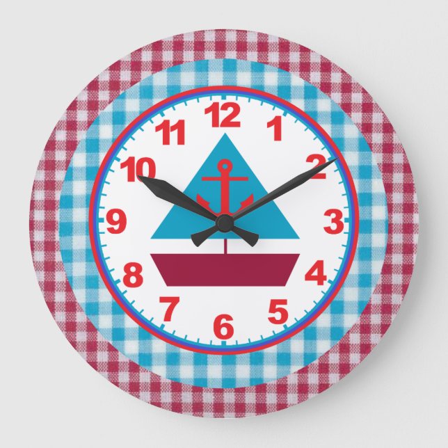 Boys Gingham Sailboat-lock med nummer Stor Klocka (Framsida)