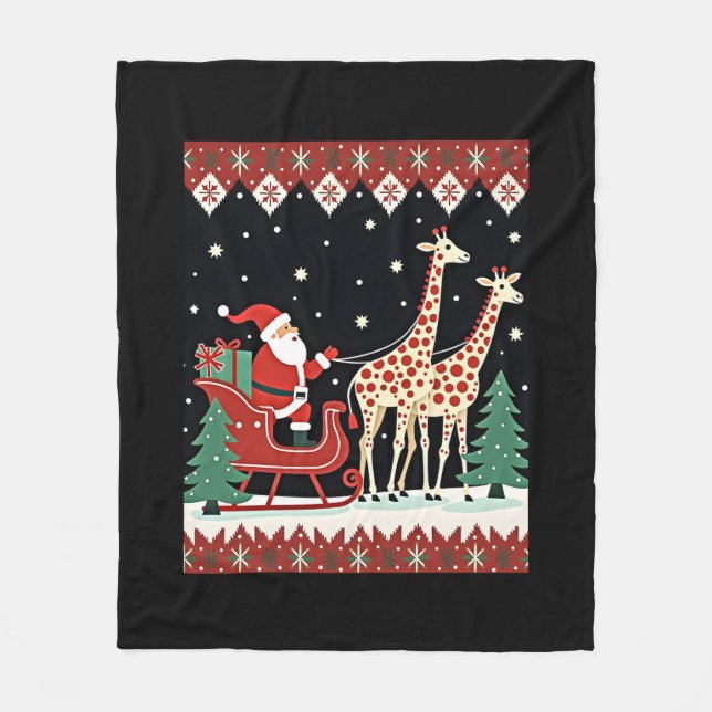 Boys Girls Jultomten Riding Giraffe Sleigh Ugly Fleecefilt (Framsidan)