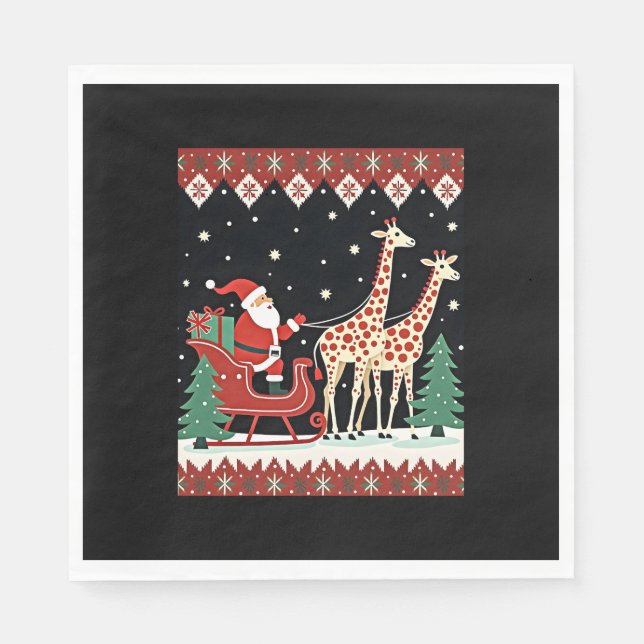 Boys Girls Jultomten Riding Giraffe Sleigh Ugly Pappersservett (Framsidan)