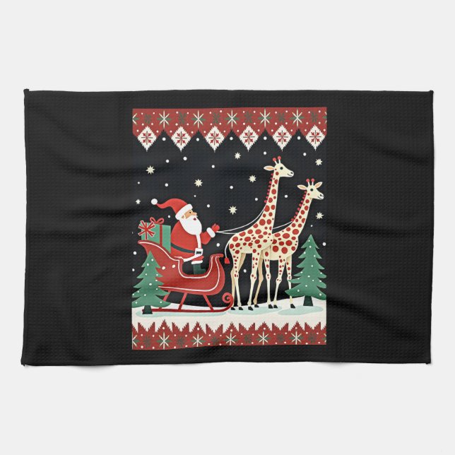 Boys Girls Santa Claus Riding Giraffe Sleigh Ugly  Kökshandduk (Horisontell)