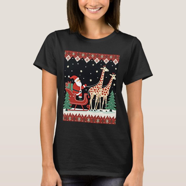 Boys Girls Santa Claus Riding Giraffe Sleigh Ugly  T Shirt (Framsida)