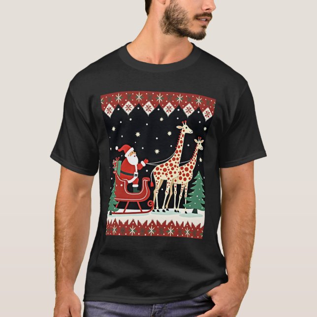 Boys Girls Santa Claus Riding Giraffe Sleigh Ugly  T Shirt (Framsida)