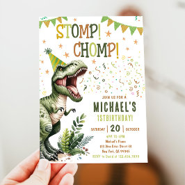 Boys Green Stomp Chomp Roar Dinosaur 1st Birthday Inbjudningar