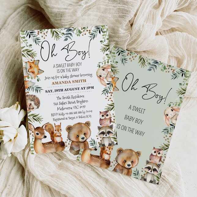 Boys Greenery Woodland Baby Shower-inbjudan Inbjudningar (Cute woodland baby shower invitation for a boy featuring eight cute woodland animals and foliage.)