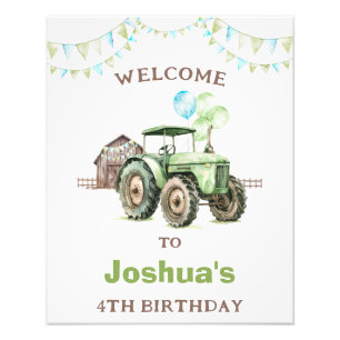 Boys Grönt Balloactor Tractor Birthday Välkomstsky Fototryck