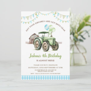 Boys Grönt Blue Balloks Tractor Birthday Inbjudningar