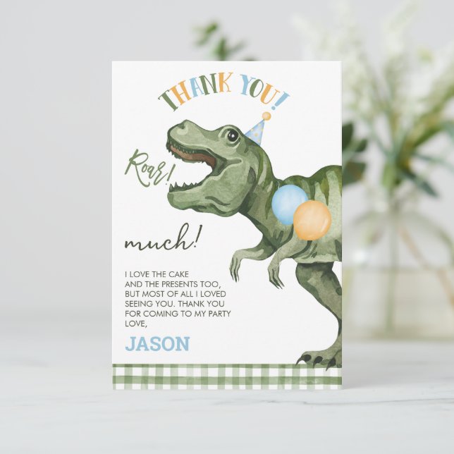 Boys Grönt Roar Dinosaur Birthday Tack du Card (Stående Fram)