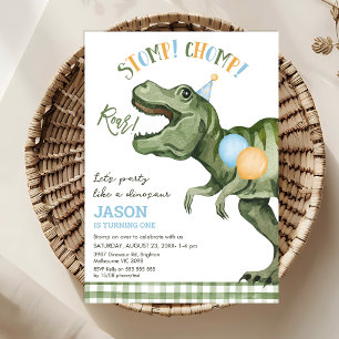 Boys Grönt Stomp Chomp Roar Dinosaur 1:a födelseda Inbjudningar