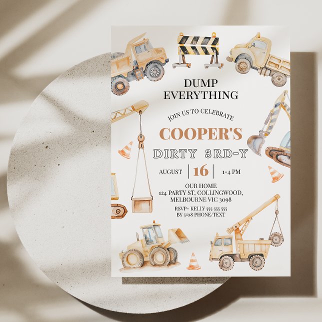 Boys Gult Construction Dirty 3rd y 3rd Birthday Inbjudningar (Dirty 3rd-y Birthday Invitation, Construction 3rd Birthday Invitation Template, Boys 3rd Birthday )