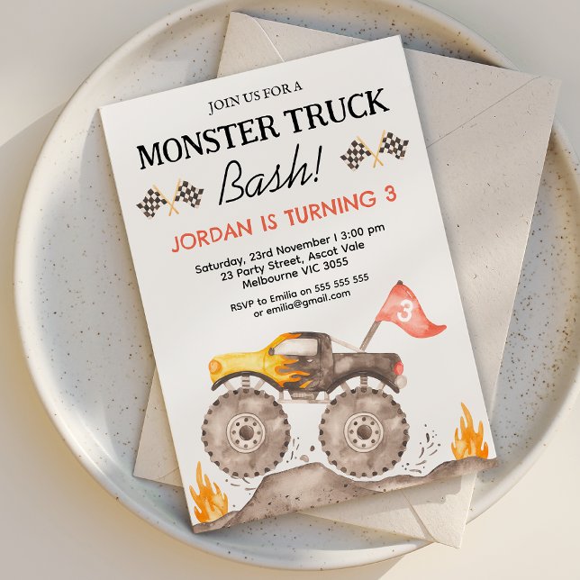 Boys Gult Monster Lastbil Bash Birthday Inbjudningar (Boys Monster Truck Birthday Invitation, Monster Truck Bash Birthday Invitation Any Age, Truck Themed)