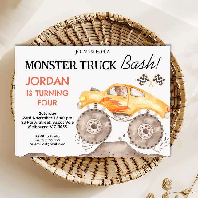 Boys Gult Monster Lastbil Monster Bash Birthday Inbjudningar (Monster Truck Birthday Invitation Template, Yellow Monster Truck Bash Birthday Invite Any Age)