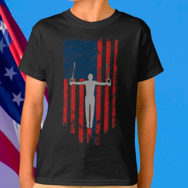 Boys Gymnastics Ringar Distress American Flagga T Shirt (Skapare uppladdad)