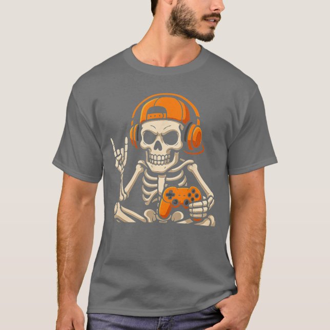 Boys Halloween Skeleton Gamer Video Gamingeenage M T Shirt (Framsida)