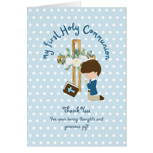 BOY'S Heliga Communion Card - Brown Hair Hälsningskort (Framsidan)