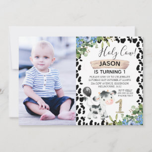 Boys Heliga Cow and Cow Print Photo 1st Birday Inbjudningar