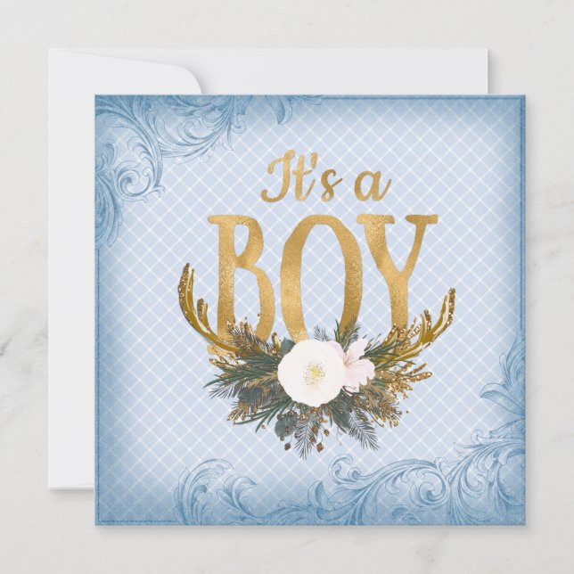 Boys Hjort Antler Baby Shower Blue och Guld Inbjudningar (Framsida)