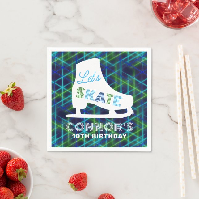 Boys Ice Skating Födelsedagsfest Neon Pappersservett (Insitu)