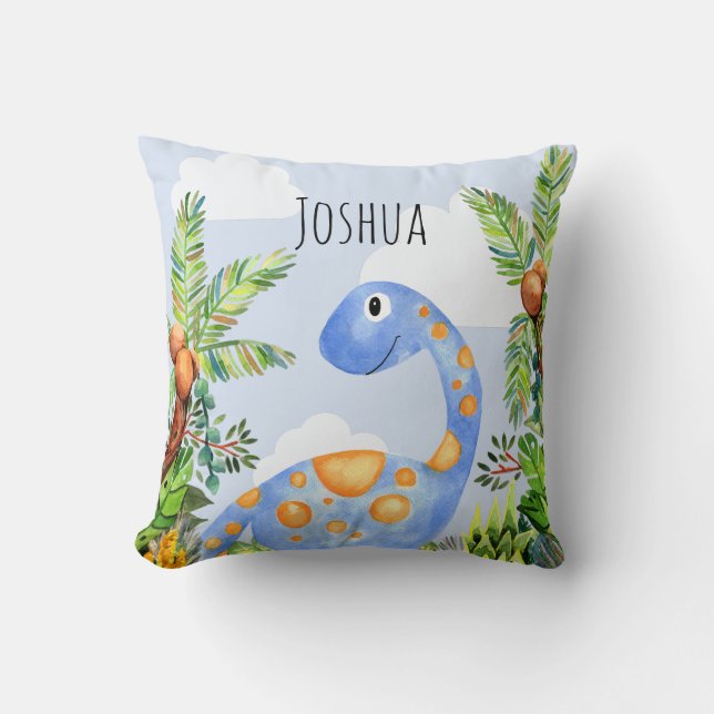 Boys Jungle Watercolor Dinosaur och Namn Kids Kudde (Framsida)