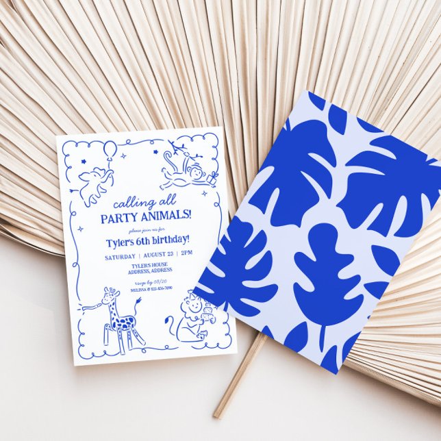 Boys Jungle Zoo Safari Animals Birthday Inbjudningar (Boys Safari Whimsical Hand Drawn Party Animals Birthday Invite)