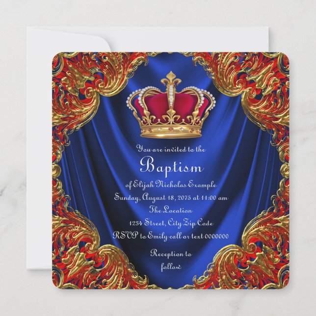 Boys Krona Prince Baptism Royal Blue Satin Inbjudningar (Baksida)