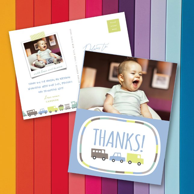 Boys Leksak Barn Födelsedagsfest Tackkort Card Vykort (Boys Toys Pastel Blue Transport Kid's Birthday Party Photo Thank You Postcard by fatfatin @ Zazzle)
